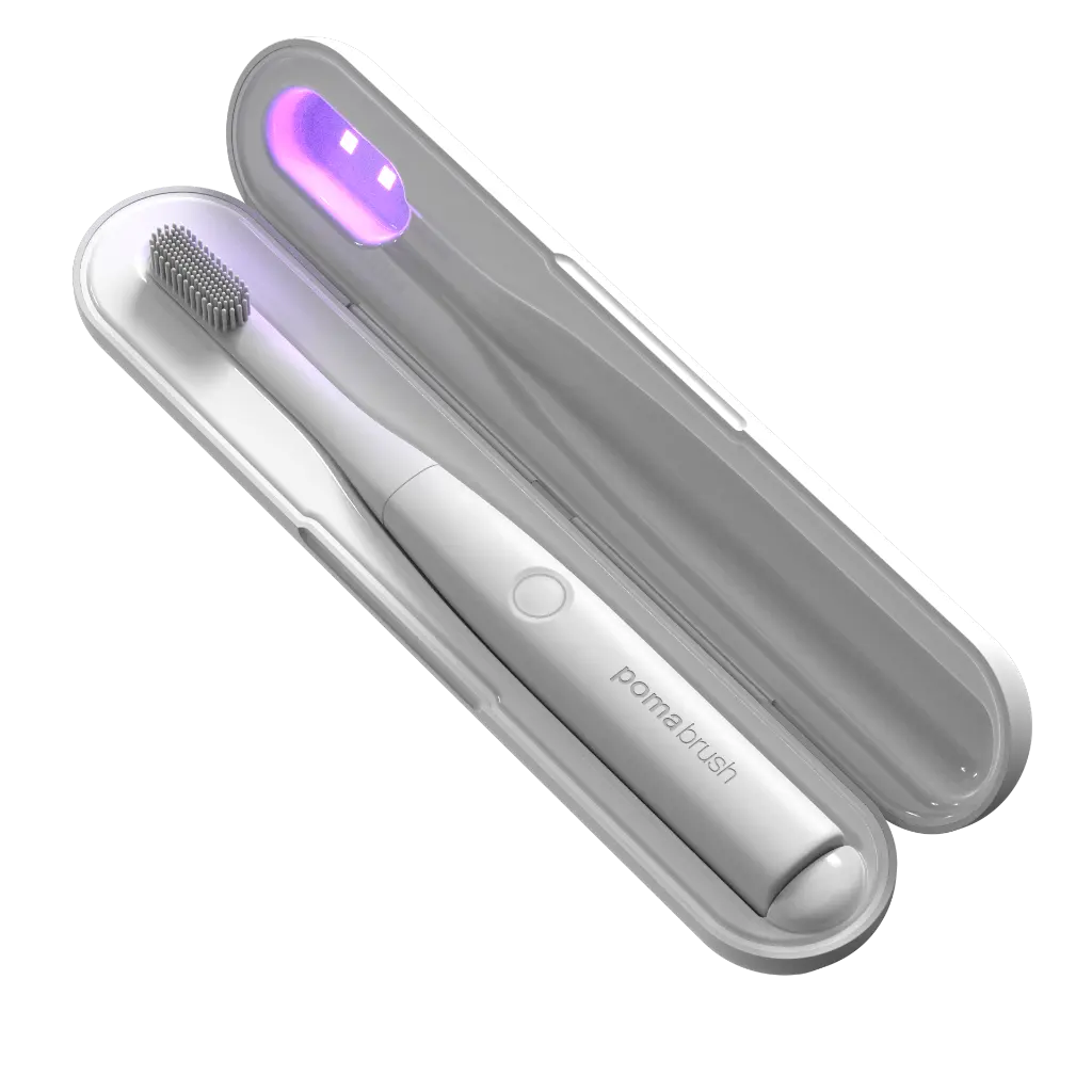 pomabrush_2_white_charging_case_UV_on.webp